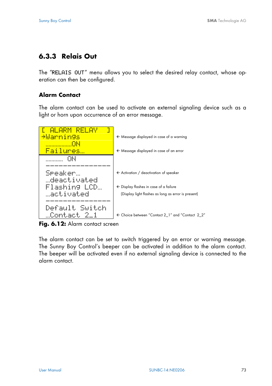 Relais out, 3 relais out, Alarm relay | Warnings, Failures, Speaker, Deactivated, Flashing lcd, Activated, Default switch | SMA Sunny Boy Control User Manual | Page 77 / 169