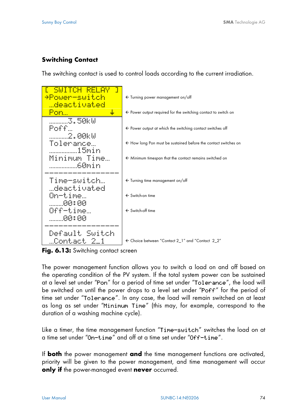 Switch relay, Power-switch, Deactivated | Pon… š, 50kw, Poff, 00kw, Tolerance, 15min, Minimum time | SMA Sunny Boy Control User Manual | Page 78 / 169