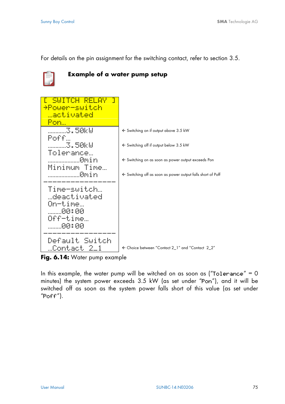 Switch relay, Power-switch, Activated | 50kw, Poff, Tolerance, 0min, Minimum time, Time-switch, Deactivated | SMA Sunny Boy Control User Manual | Page 79 / 169