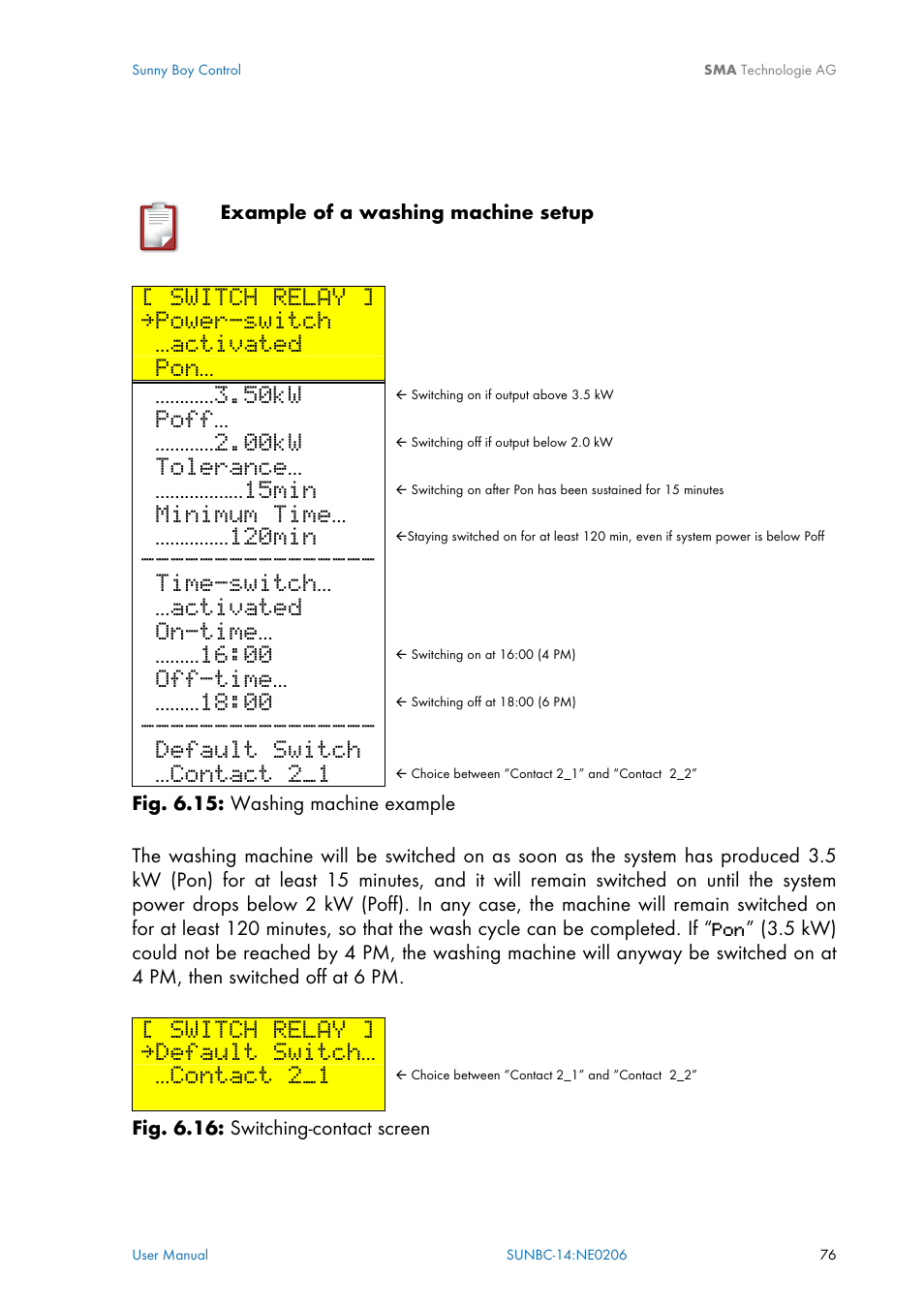 Switch relay, Power-switch, Activated | 50kw, Poff, 00kw, Tolerance, 15min, Minimum time, 120min | SMA Sunny Boy Control User Manual | Page 80 / 169