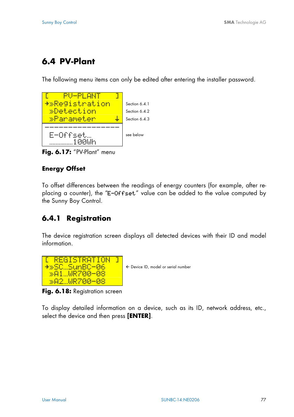 Pv-plant, Registration, 1 registration | 4 pv-plant, Detection, Parameter š, E-offset, 100wh, Sc…sunbc-06 | SMA Sunny Boy Control User Manual | Page 81 / 169