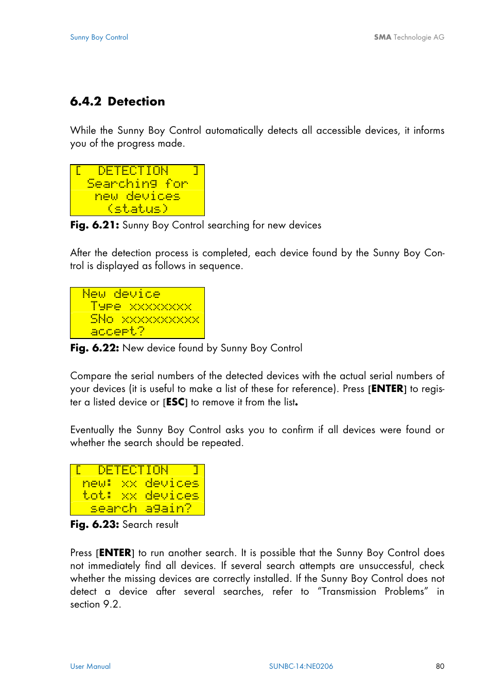 Detection, 2 detection, Ion 6.4.2 | Searching for, New devices, Status), New device, Accept, New: xx devices, Tot: xx devices | SMA Sunny Boy Control User Manual | Page 84 / 169