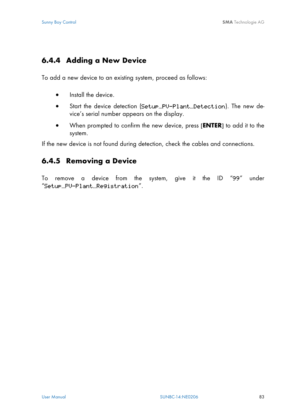 Adding a new device, Removing a device, 4 adding a new device | 5 removing a device | SMA Sunny Boy Control User Manual | Page 87 / 169