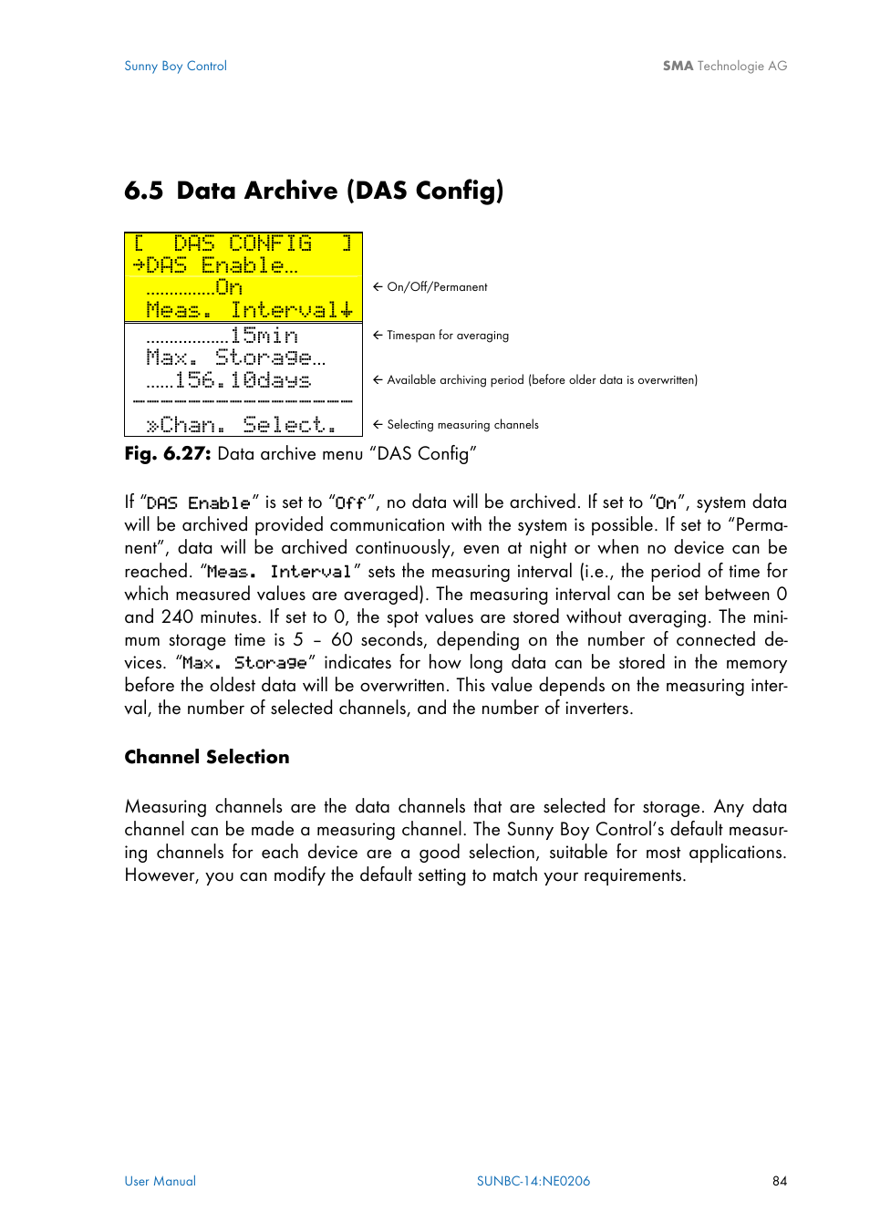 Data archive (das config), 5 data archive (das config) [ das config, Das enable | Meas. intervalš, 15min, Max. storage, 10days, Chan. select | SMA Sunny Boy Control User Manual | Page 88 / 169