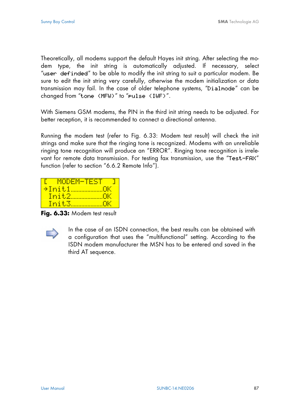 Modem-test, Init1…………………ok, Init2…………………ok | Init3…………………ok | SMA Sunny Boy Control User Manual | Page 91 / 169