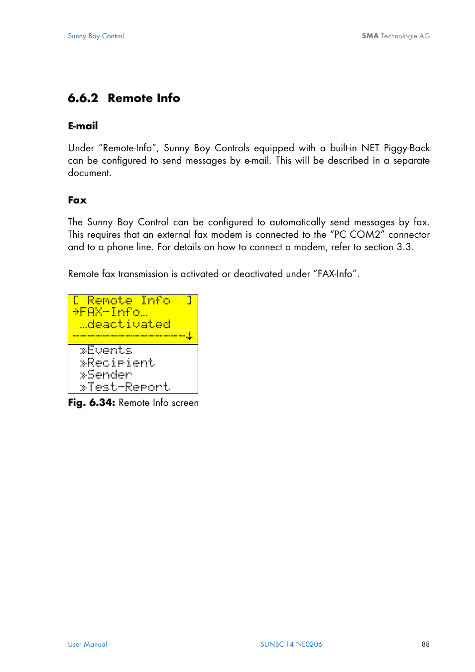 Remote info, 2 remote info, Fax-info | Deactivated, Events, Recipient, Sender, Test-report | SMA Sunny Boy Control User Manual | Page 92 / 169