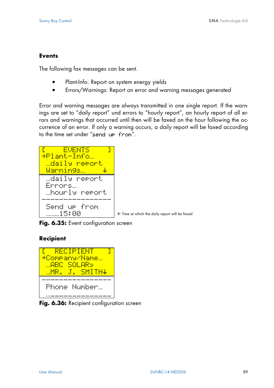 Events, Plant-info, Daily report | Warnings… š, Errors, Hourly report, Send up from, Recipient, Company/name, Abc solar | SMA Sunny Boy Control User Manual | Page 93 / 169