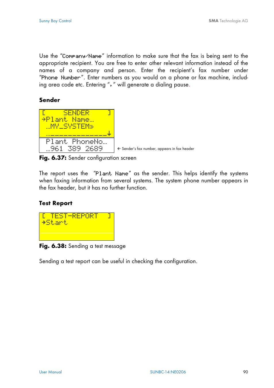 Sender, Plant name, My_system | Plant phoneno, Test-report, Start | SMA Sunny Boy Control User Manual | Page 94 / 169