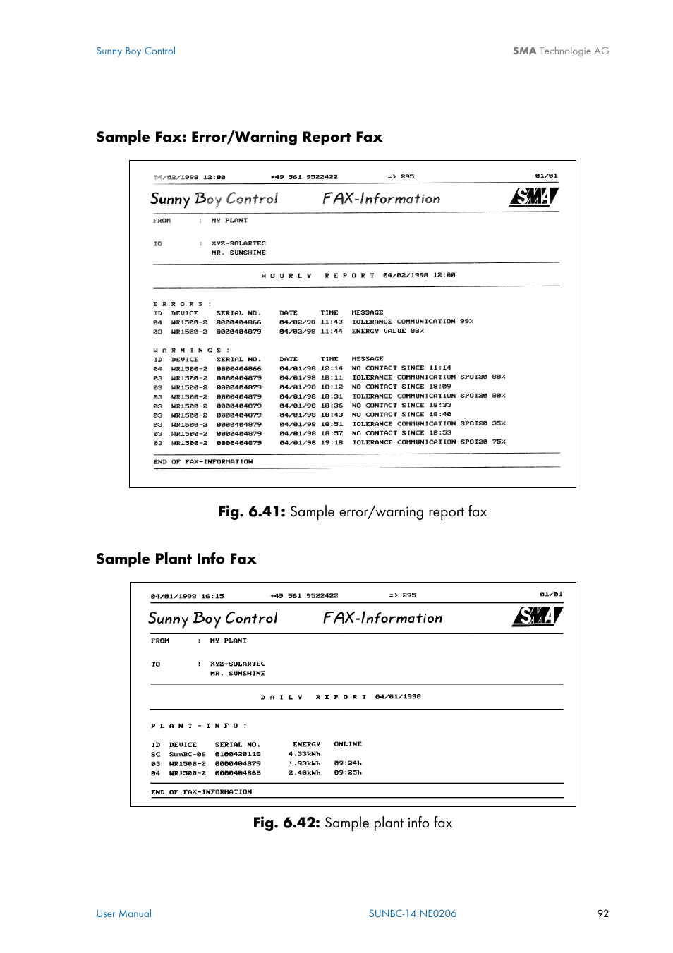 Fig. 6.42: sample plant info fax | SMA Sunny Boy Control User Manual | Page 96 / 169