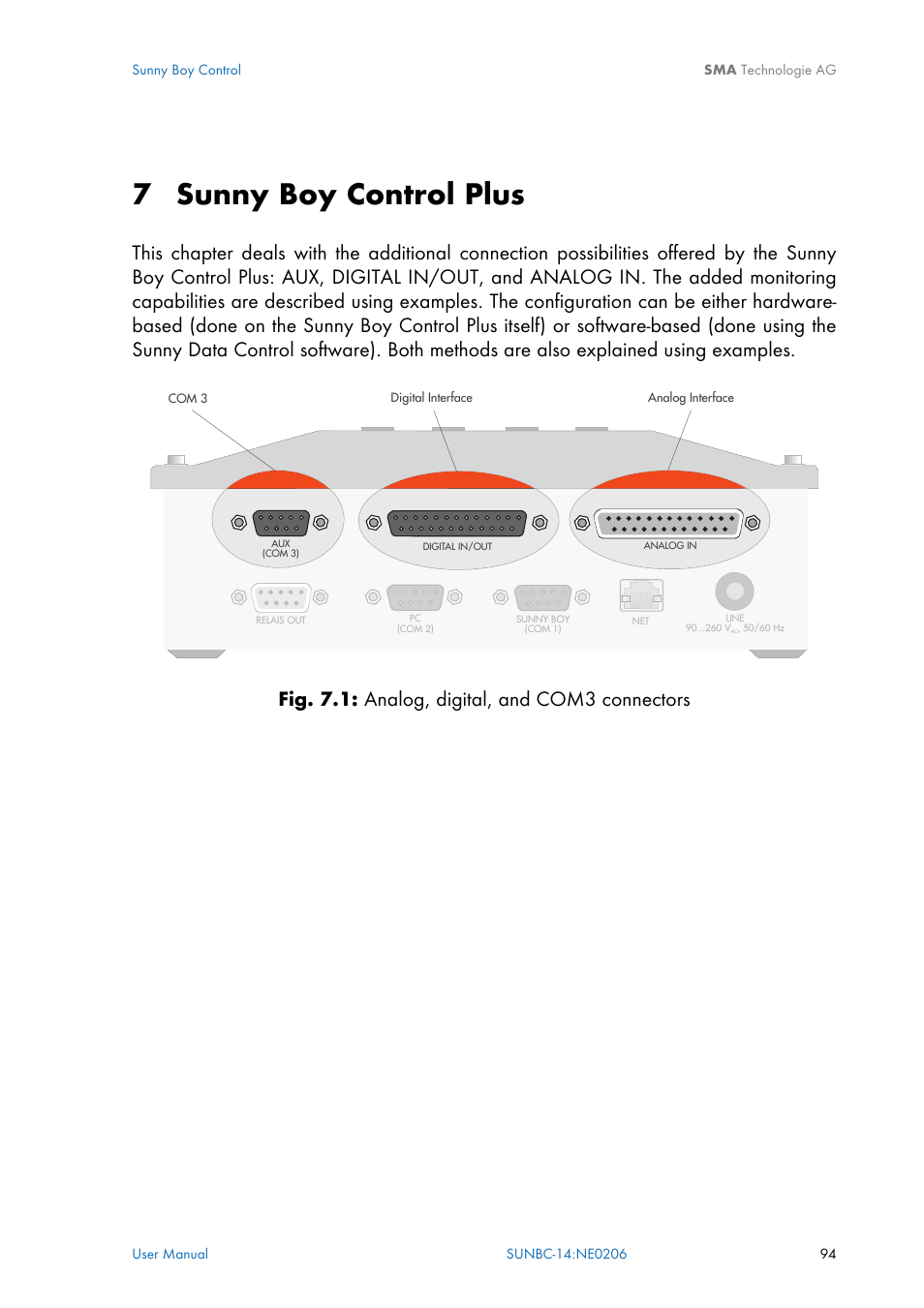 Sunny boy control plus, Chapter 7, 7 sunny boy control plus | Fig. 7.1: analog, digital, and com3 connectors | SMA Sunny Boy Control User Manual | Page 98 / 169