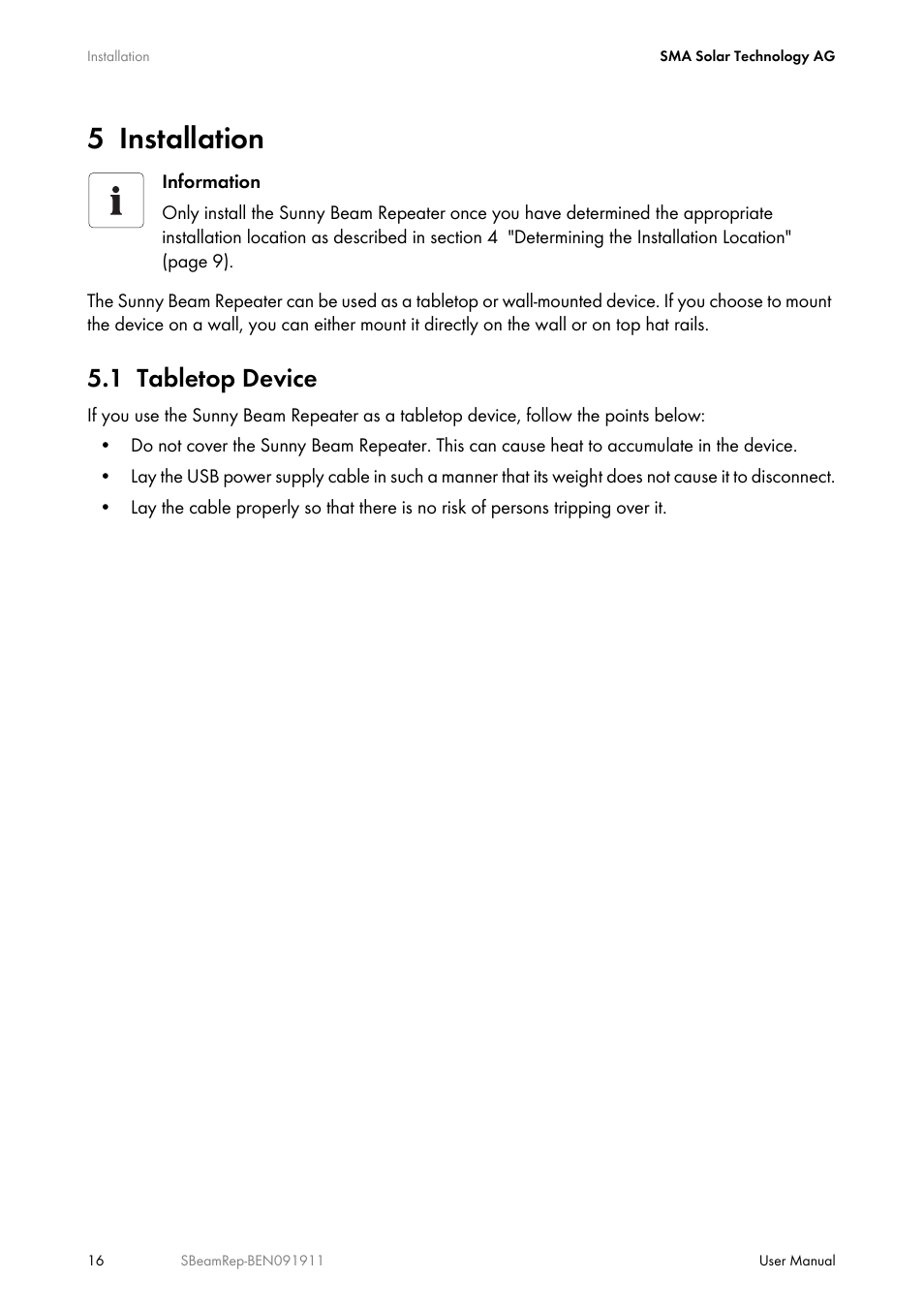 5 installation, 1 tabletop device, Installation | Tabletop device | SMA BEAM REPEATER User Manual | Page 16 / 24
