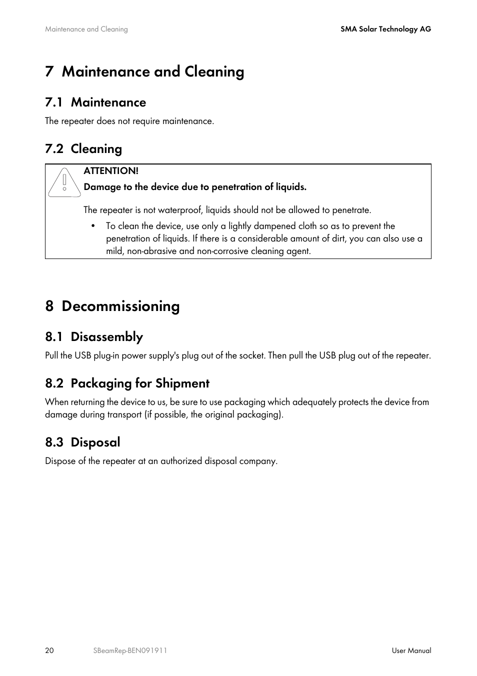 7 maintenance and cleaning, 1 maintenance, 2 cleaning | 8 decommissioning, 1 disassembly, 2 packaging for shipment, 3 disposal, Maintenance and cleaning, Maintenance, Cleaning | SMA BEAM REPEATER User Manual | Page 20 / 24