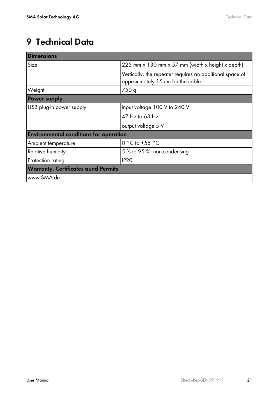 9 technical data, Technical data | SMA BEAM REPEATER User Manual | Page 21 / 24