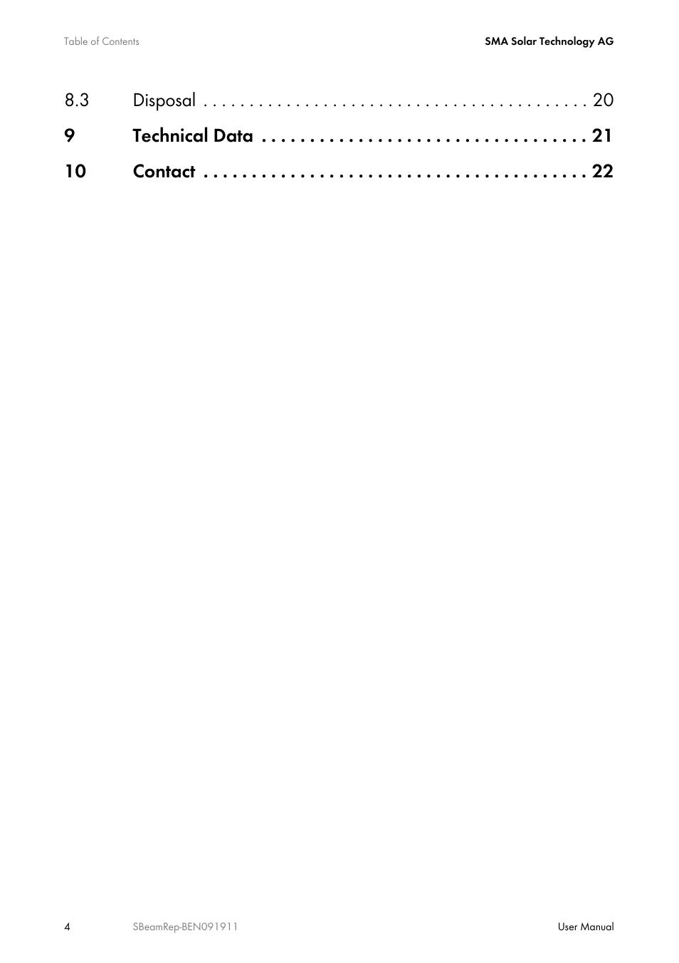 3 disposal 9 technical data 10 contact | SMA BEAM REPEATER User Manual | Page 4 / 24