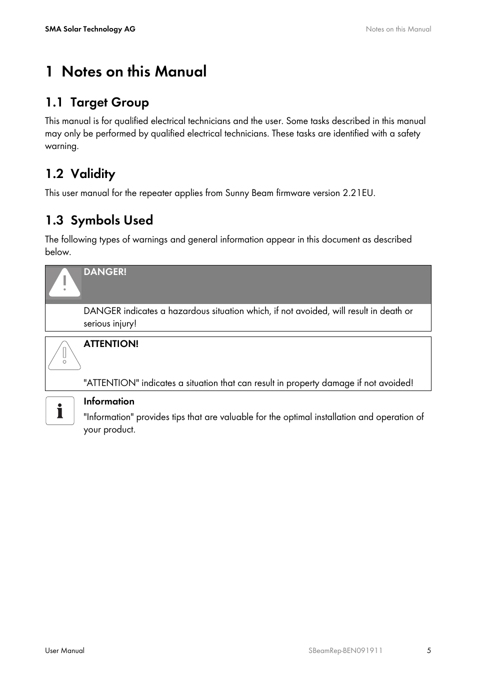 1 notes on this manual, 1 target group, 2 validity | 3 symbols used, Notes on this manual, Target group, Validity, Symbols used | SMA BEAM REPEATER User Manual | Page 5 / 24