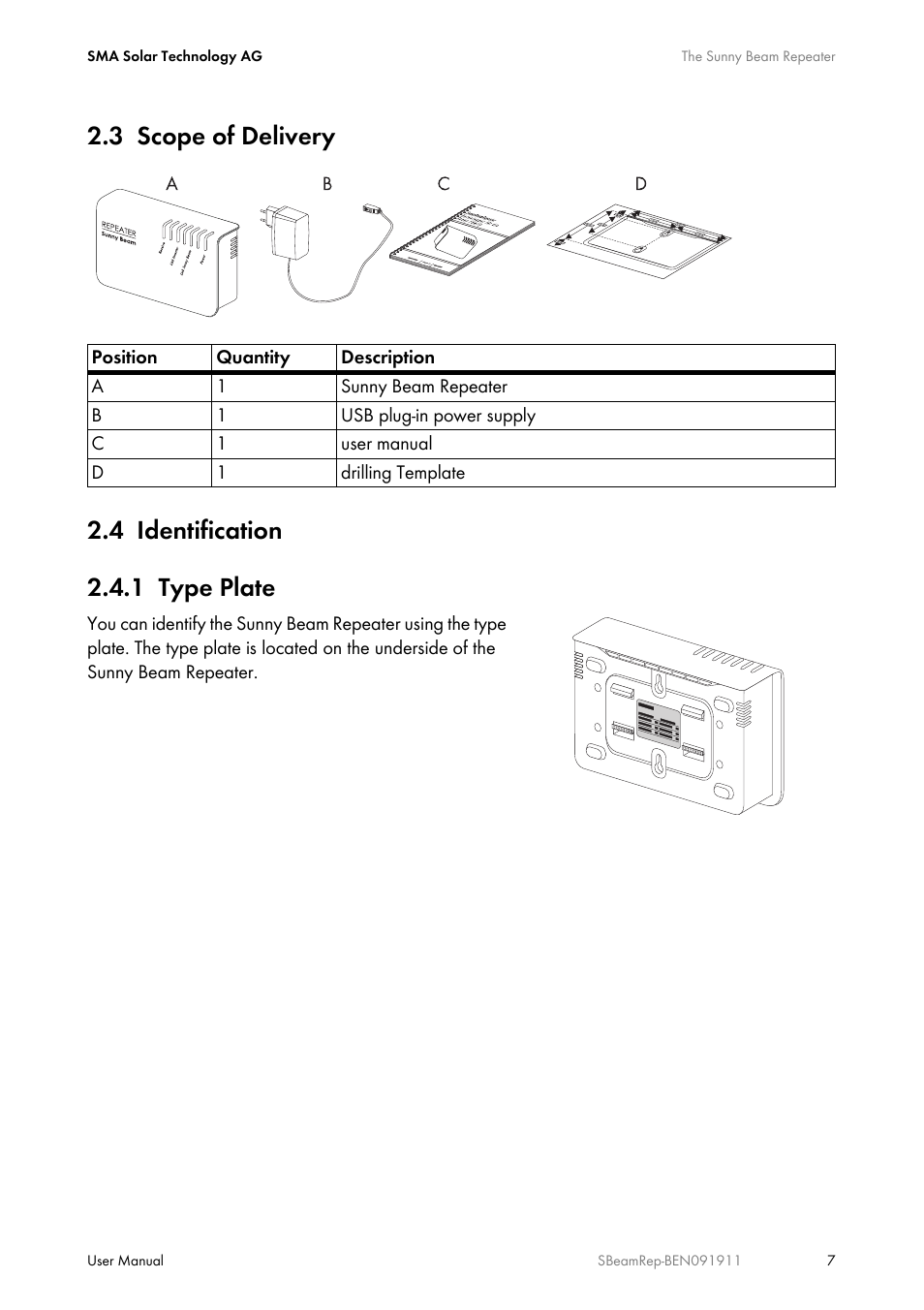 3 scope of delivery, 4 identification, 1 type plate | Scope of delivery, Identification, Type plate | SMA BEAM REPEATER User Manual | Page 7 / 24