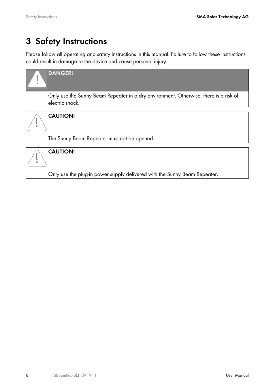 3 safety instructions, Safety instructions | SMA BEAM REPEATER User Manual | Page 8 / 24