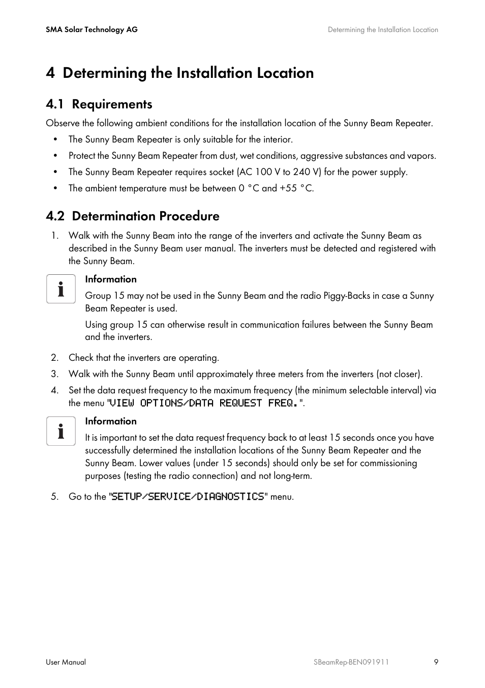 4 determining the installation location, 1 requirements, 2 determination procedure | Determining the installation location, Requirements, Determination procedure | SMA BEAM REPEATER User Manual | Page 9 / 24