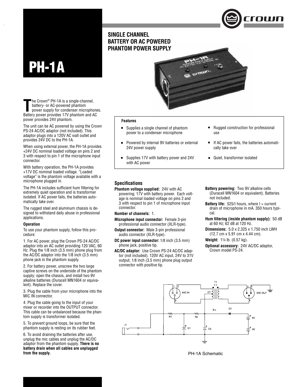 Crown Audio PH-1A User Manual | 2 pages