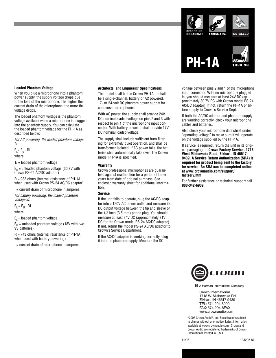 Ph-1a | Crown Audio PH-1A User Manual | Page 2 / 2