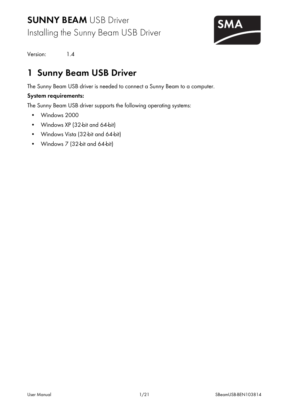 SMA BEAM USB Driver User Manual | 21 pages