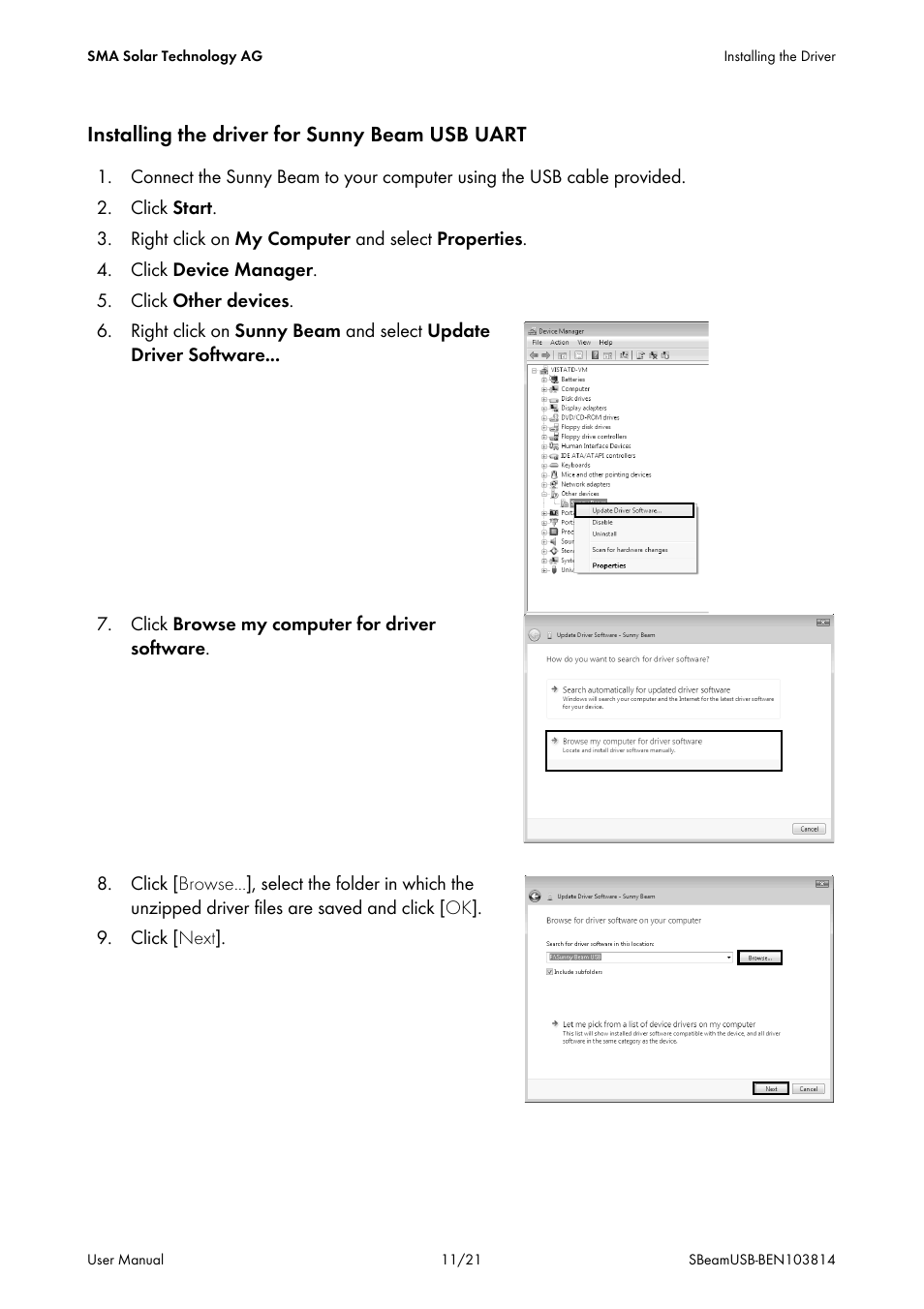 Installing the driver for sunny beam usb uart | SMA BEAM USB Driver User Manual | Page 11 / 21