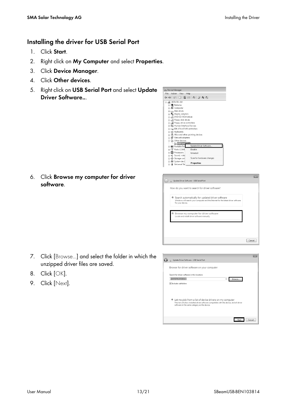 Installing the driver for usb serial port | SMA BEAM USB Driver User Manual | Page 13 / 21