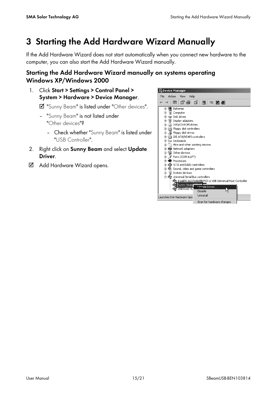 3 starting the add hardware wizard manually | SMA BEAM USB Driver User Manual | Page 15 / 21
