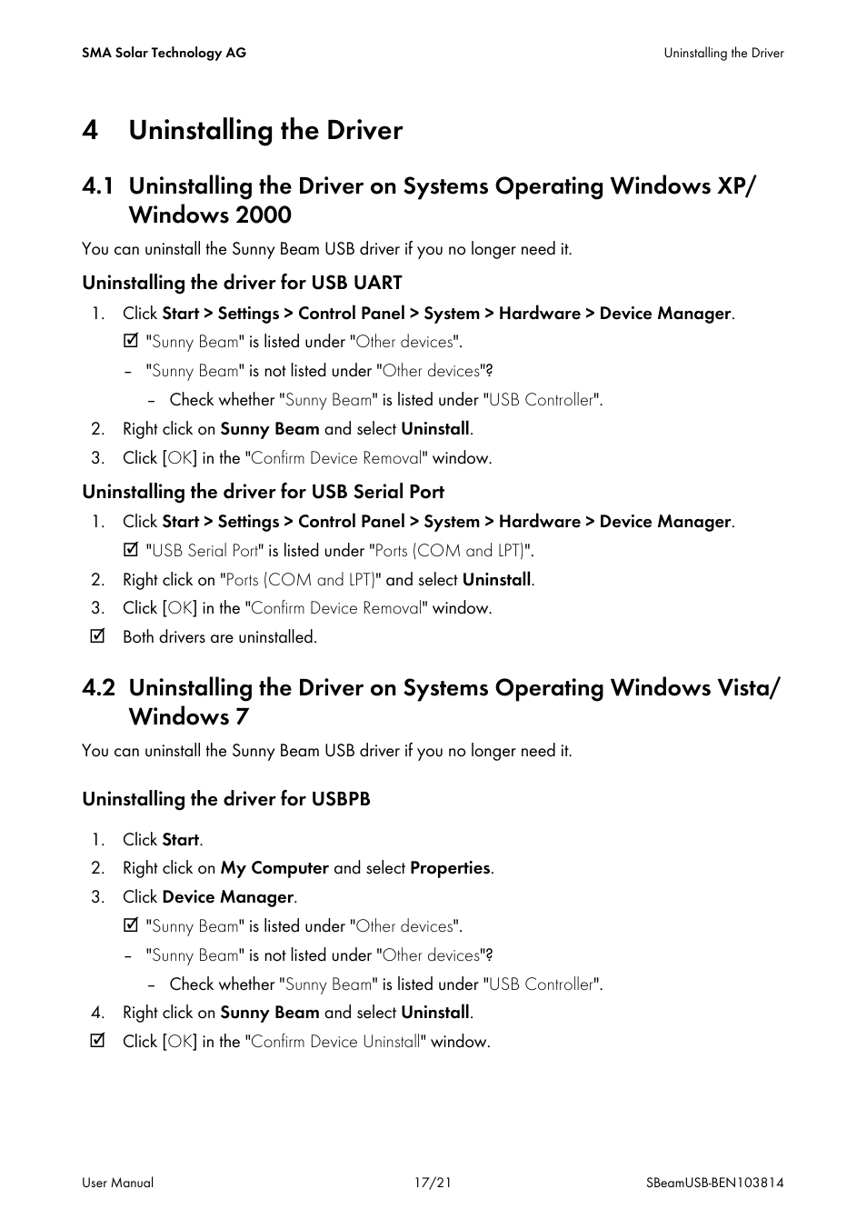 4 uninstalling the driver | SMA BEAM USB Driver User Manual | Page 17 / 21