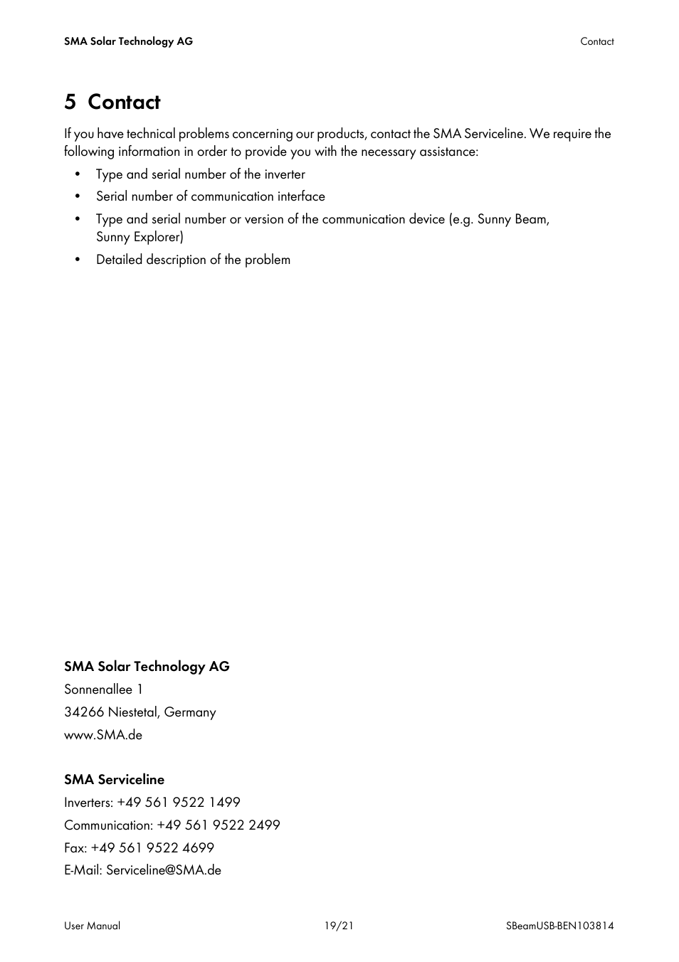 5 contact | SMA BEAM USB Driver User Manual | Page 19 / 21