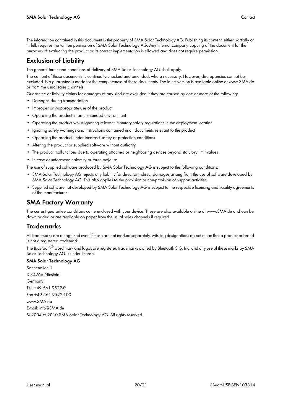 Exclusion of liability, Sma factory warranty, Trademarks | SMA BEAM USB Driver User Manual | Page 20 / 21