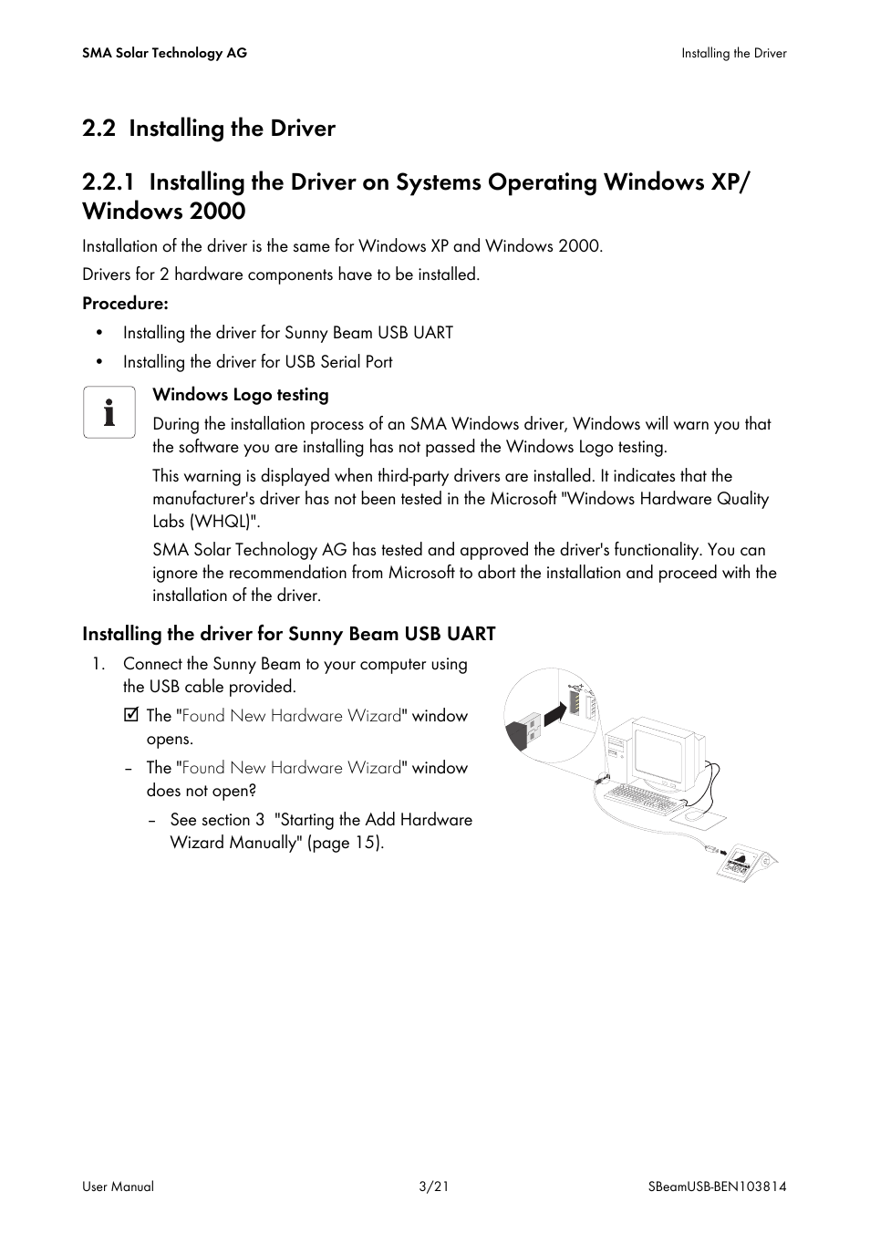 2 installing the driver | SMA BEAM USB Driver User Manual | Page 3 / 21