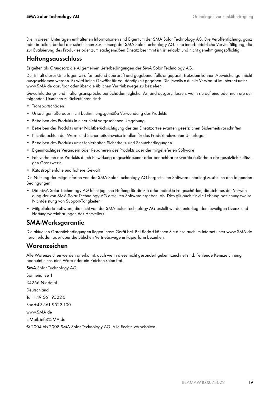Haftungsausschluss, Sma-werksgarantie, Warenzeichen | SMA BEAM-AW15 User Manual | Page 19 / 80