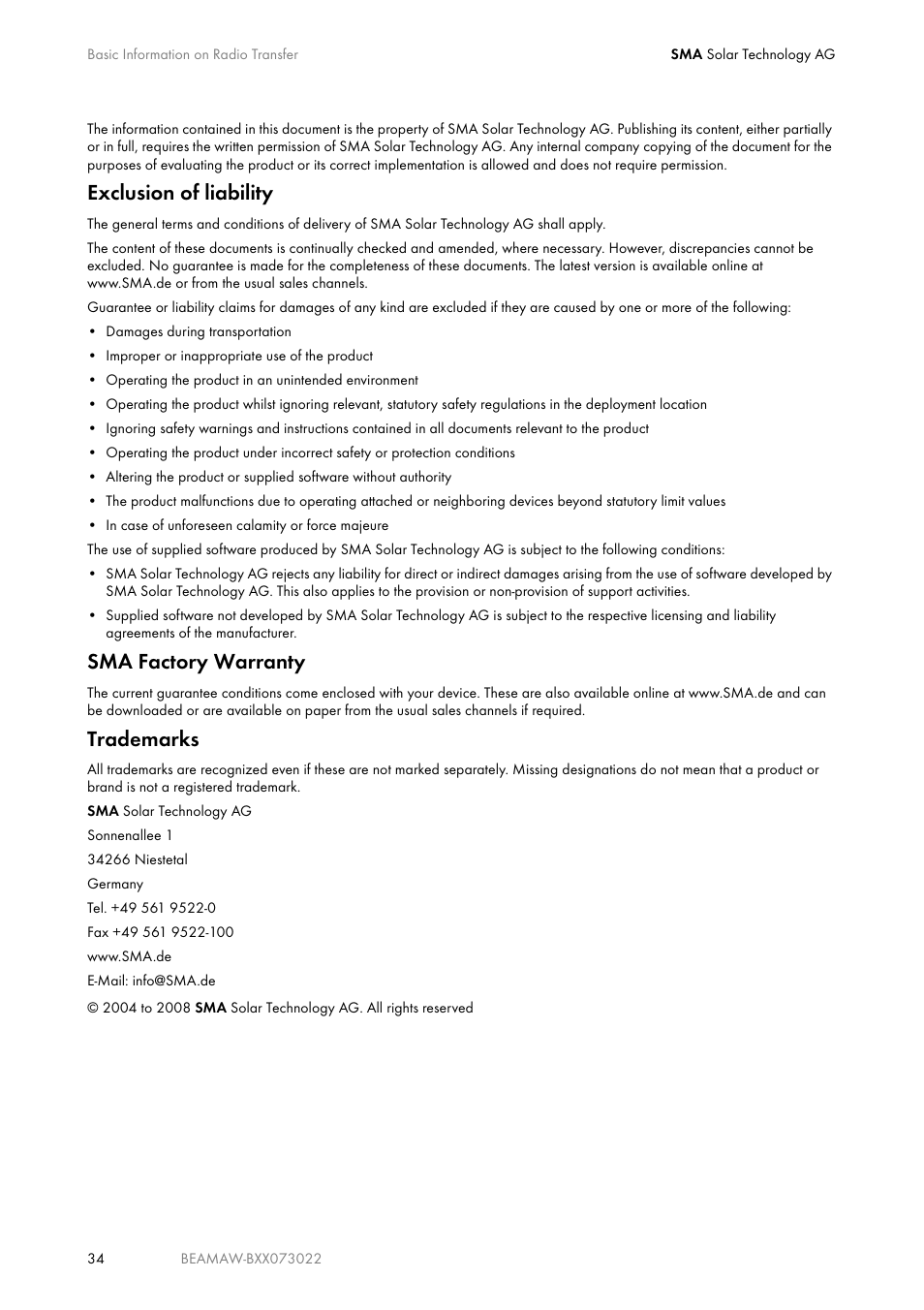 Exclusion of liability, Sma factory warranty, Trademarks | SMA BEAM-AW15 User Manual | Page 34 / 80