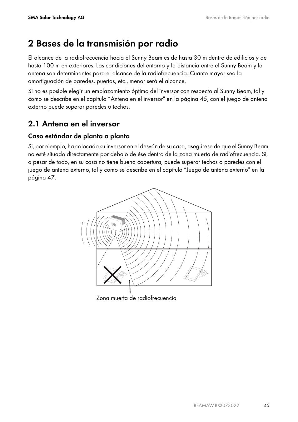 2 bases de la transmisión por radio, 1 antena en el inversor, Bases de la transmisión por radio | Antena en el inversor | SMA BEAM-AW15 User Manual | Page 45 / 80
