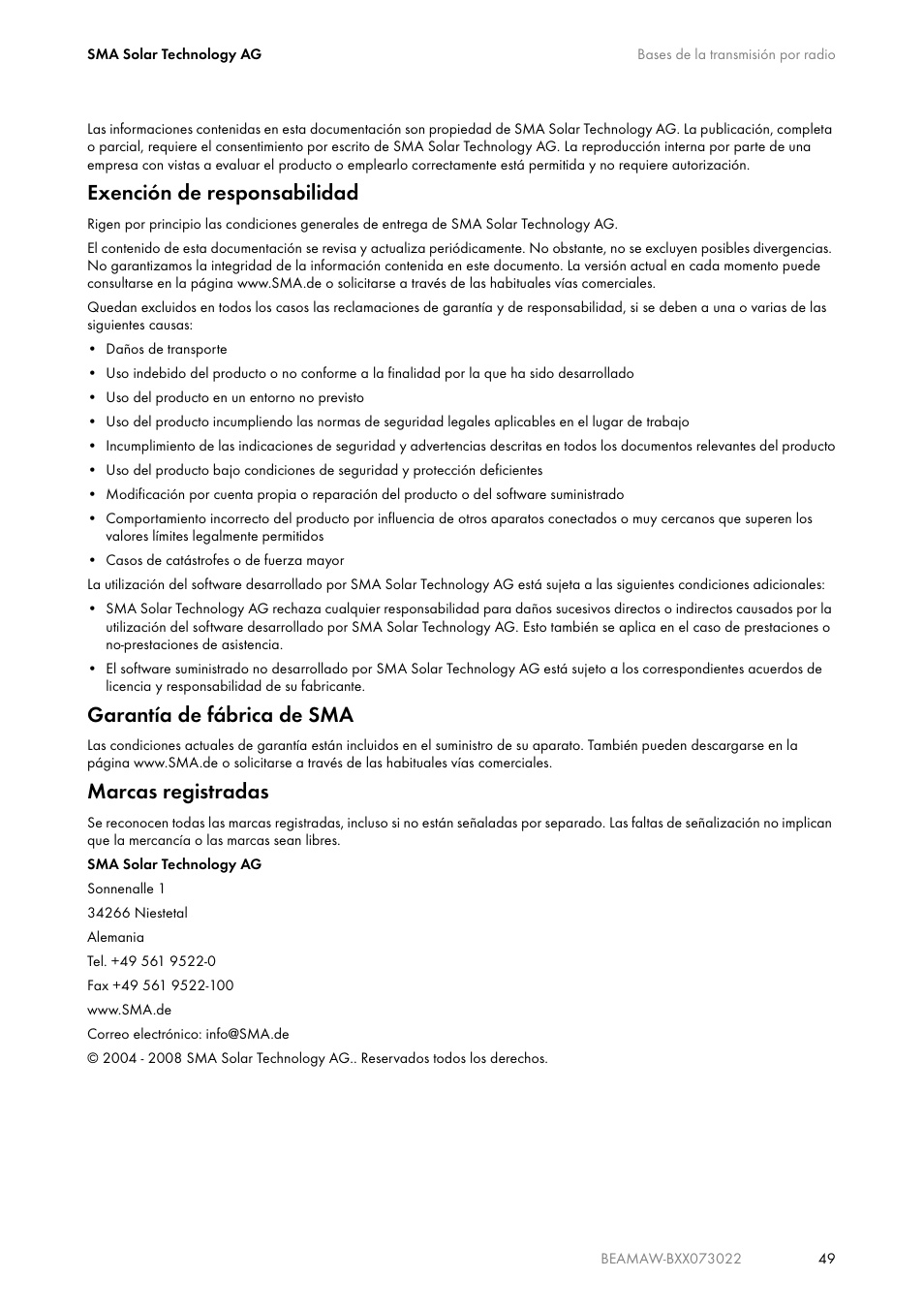 Exención de responsabilidad, Garantía de fábrica de sma, Marcas registradas | SMA BEAM-AW15 User Manual | Page 49 / 80