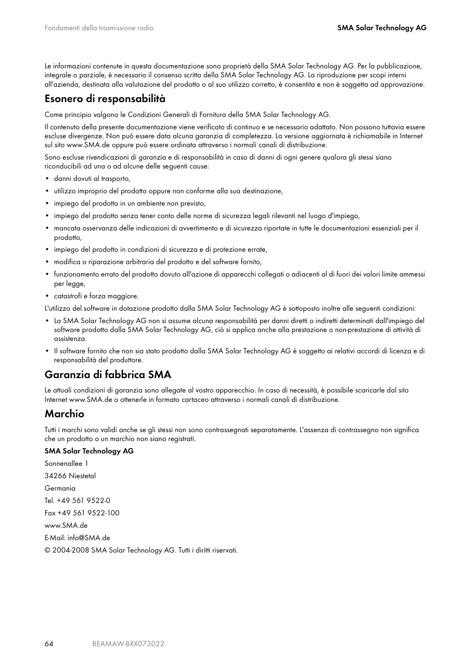Esonero di responsabilità, Garanzia di fabbrica sma, Marchio | SMA BEAM-AW15 User Manual | Page 64 / 80