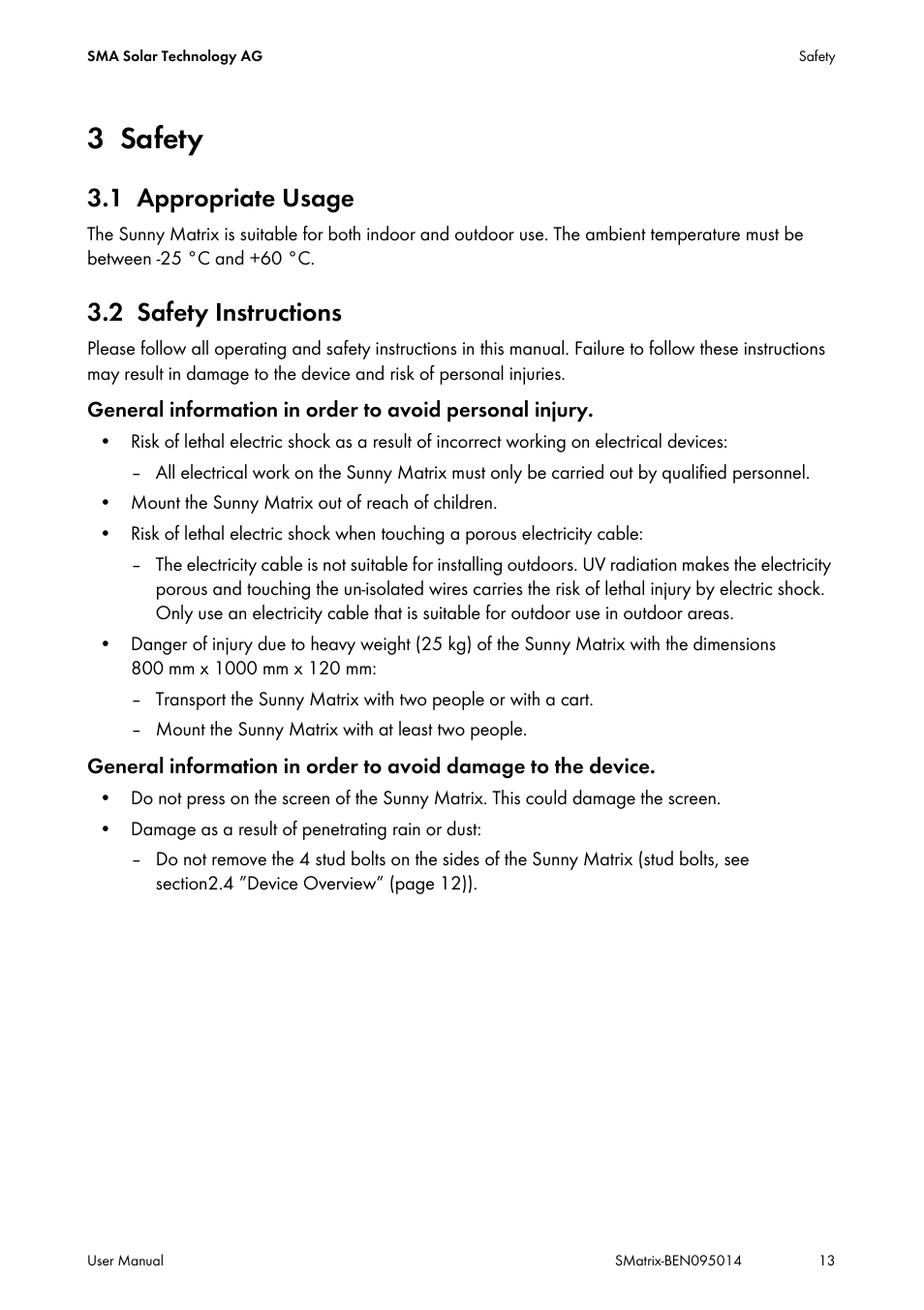 3 safety, 1 appropriate usage, 2 safety instructions | Safety, Appropriate usage, Safety instructions | SMA MATRIX User Manual | Page 13 / 80