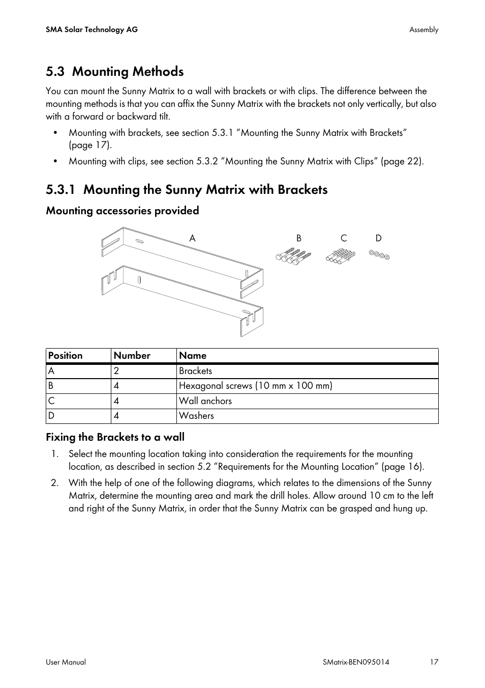 3 mounting methods, 1 mounting the sunny matrix with brackets, Mounting methods | Mounting the sunny matrix with brackets | SMA MATRIX User Manual | Page 17 / 80