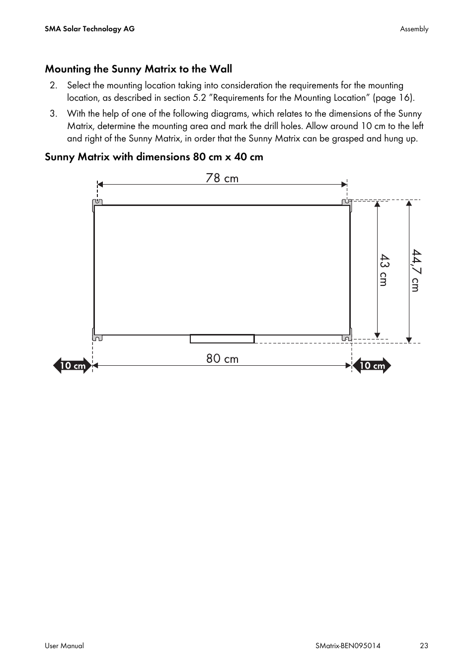 Mounting the sunny matrix to the wall, Sunny matrix with dimensions 80 cm x 40 cm | SMA MATRIX User Manual | Page 23 / 80