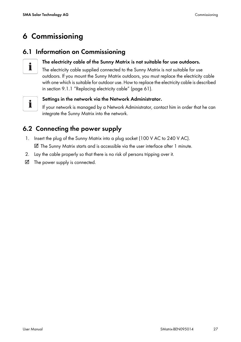 6 commissioning, 1 information on commissioning, 2 connecting the power supply | Commissioning, Information on commissioning, Connecting the power supply | SMA MATRIX User Manual | Page 27 / 80