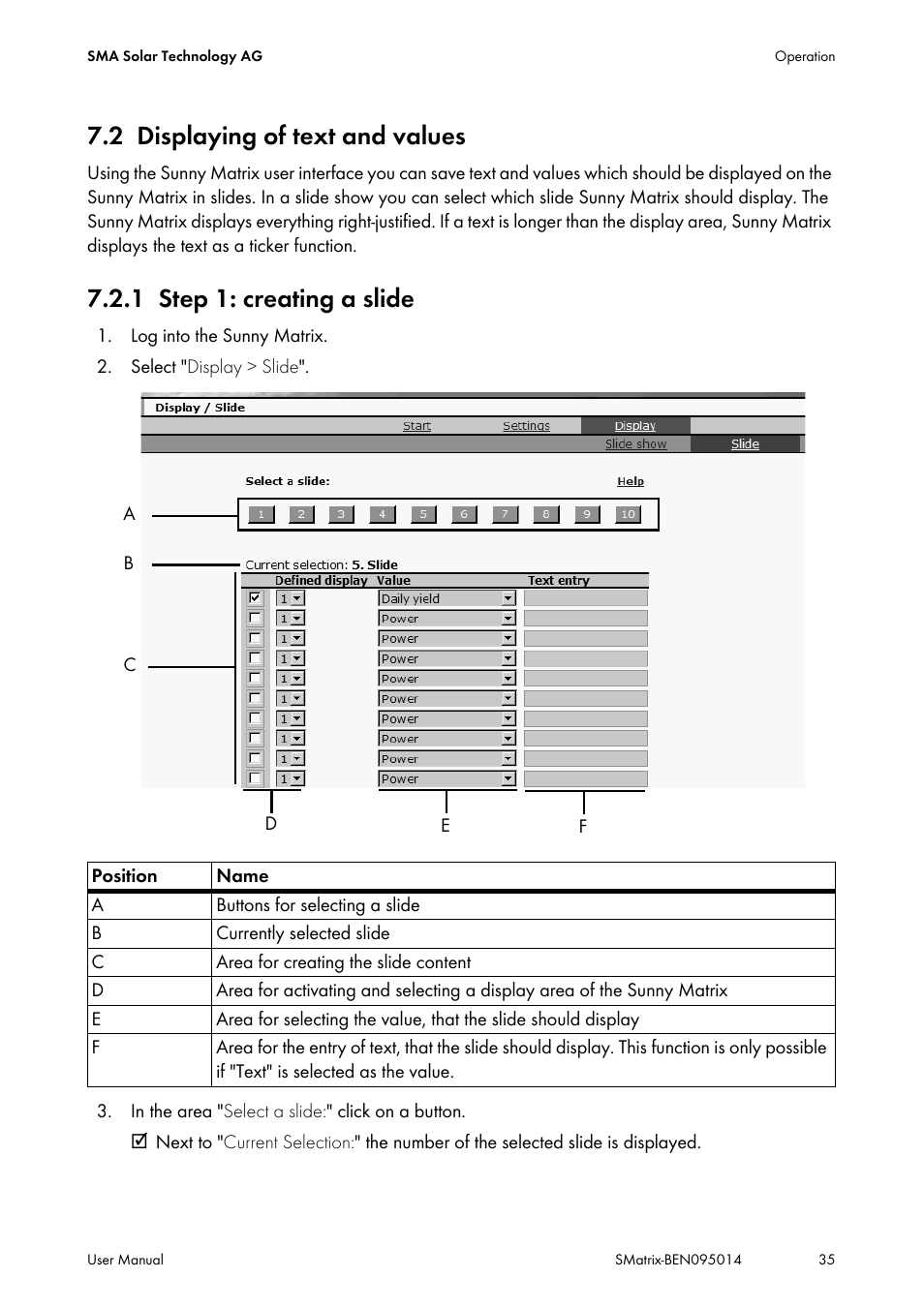 2 displaying of text and values, 1 step 1: creating a slide, Displaying of text and values | Step 1: creating a slide | SMA MATRIX User Manual | Page 35 / 80