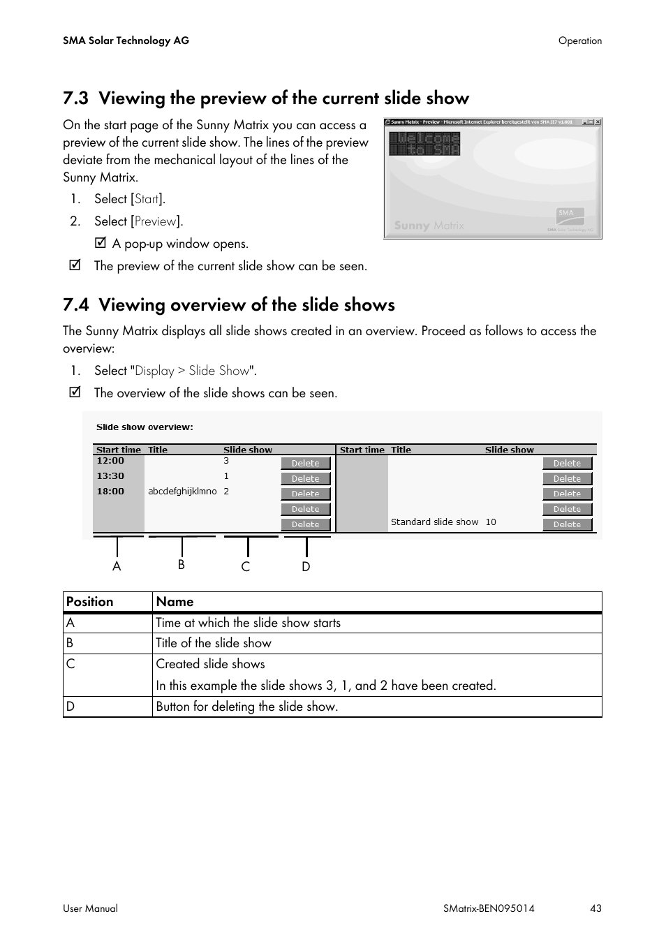 3 viewing the preview of the current slide show, 4 viewing overview of the slide shows, Viewing the preview of the current slide show | Viewing overview of the slide shows | SMA MATRIX User Manual | Page 43 / 80