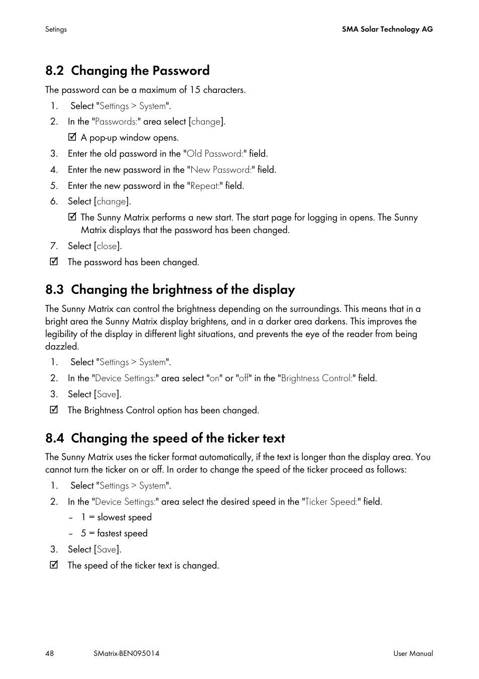 2 changing the password, 3 changing the brightness of the display, 4 changing the speed of the ticker text | Changing the password, Changing the brightness of the display, Changing the speed of the ticker text | SMA MATRIX User Manual | Page 48 / 80