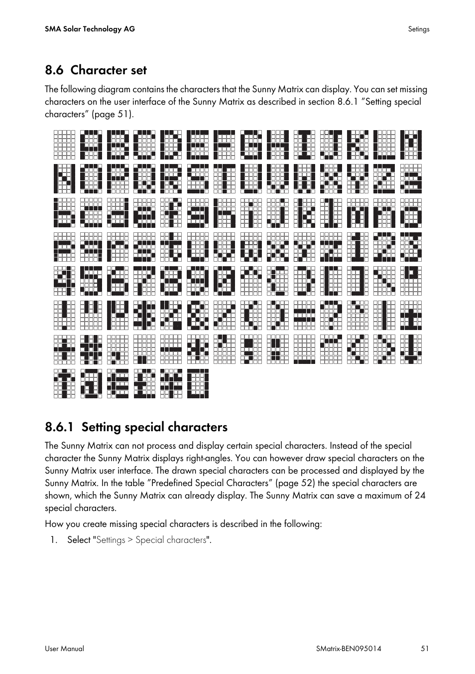 6 character set, 1 setting special characters, Character set | Setting special characters | SMA MATRIX User Manual | Page 51 / 80