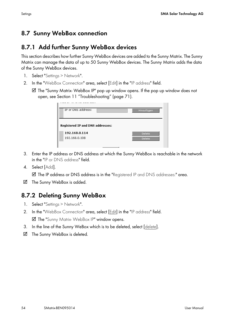 7 sunny webbox connection, 1 add further sunny webbox devices, 2 deleting sunny webbox | Sunny webbox connection, Add further sunny webbox devices, Deleting sunny webbox | SMA MATRIX User Manual | Page 54 / 80