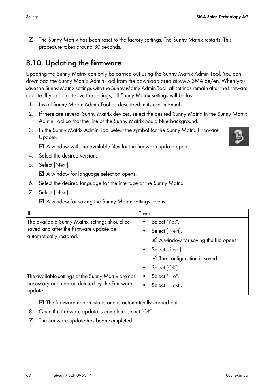 10 updating the firmware, Updating the firmware | SMA MATRIX User Manual | Page 60 / 80