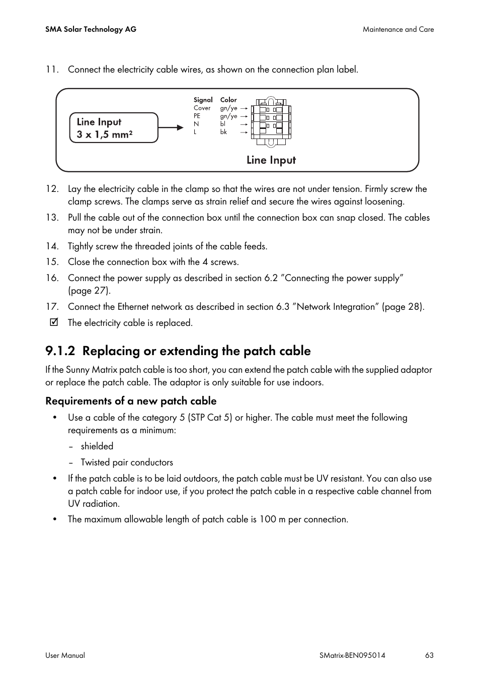 2 replacing or extending the patch cable, Replacing or extending the patch cable | SMA MATRIX User Manual | Page 63 / 80