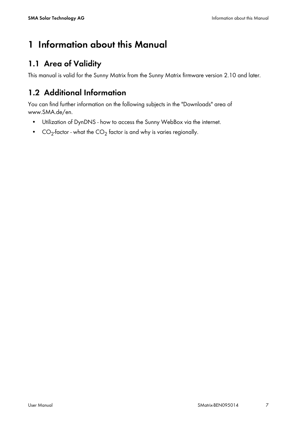 1 information about this manual, 1 area of validity, 2 additional information | Information about this manual, Area of validity, Additional information | SMA MATRIX User Manual | Page 7 / 80