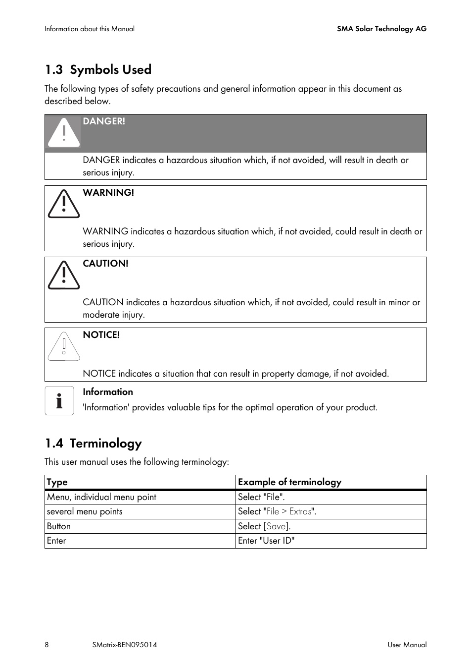 3 symbols used, 4 terminology, Symbols used | Terminology | SMA MATRIX User Manual | Page 8 / 80